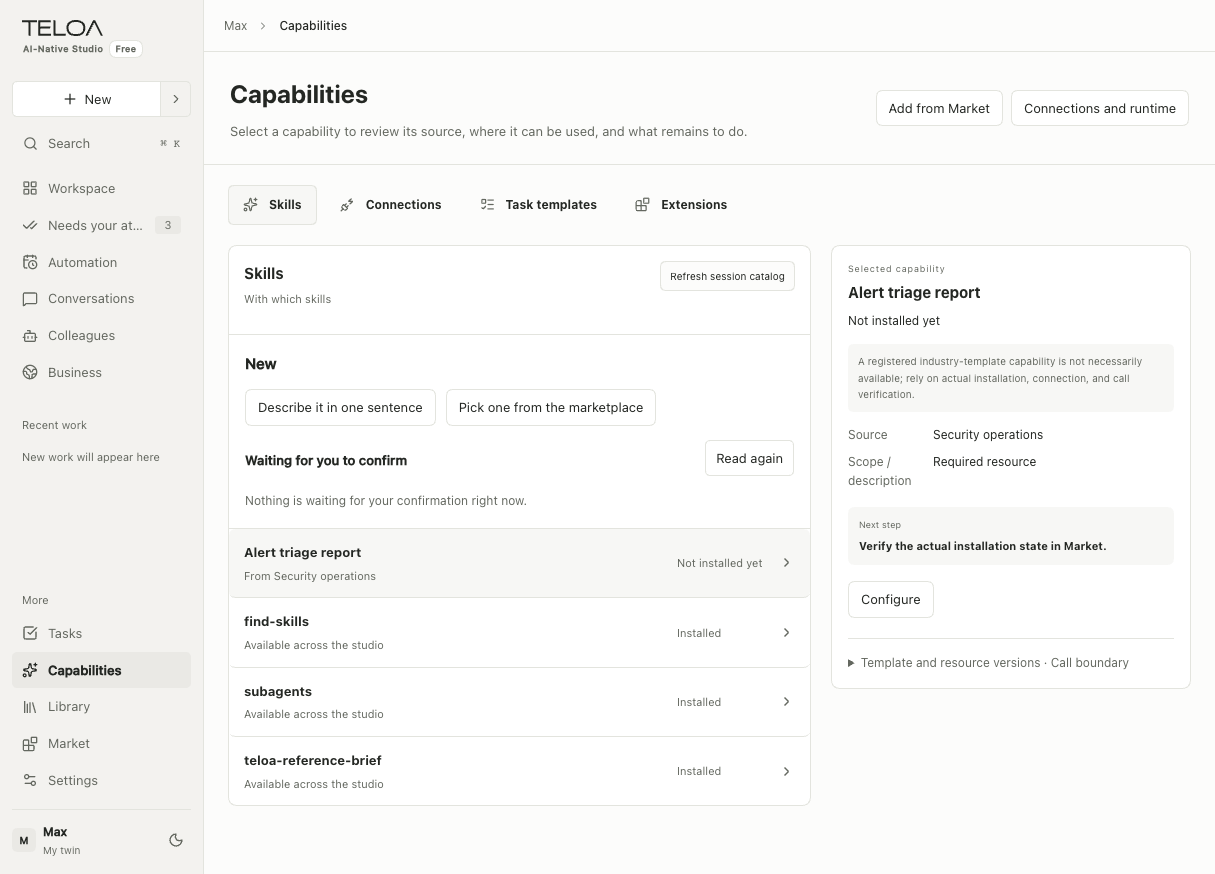 Capability categories, skill statuses, and the configuration entry in the details panel