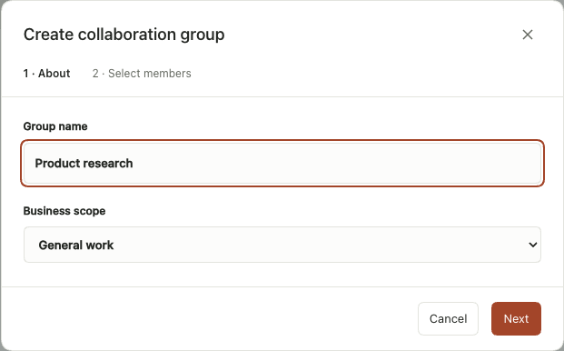 The group name and business area step of group creation