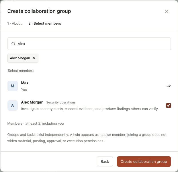 Searching for and selecting a colleague in the second step of group creation