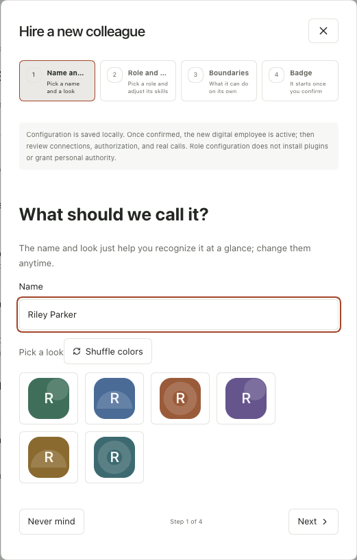 The name and appearance step in the colleague creation wizard