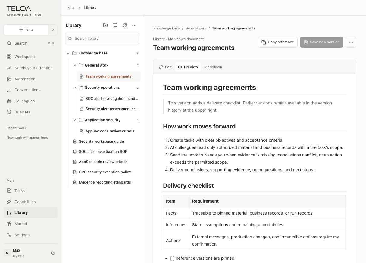Library folders and a document preview with copy-reference and save-version entries