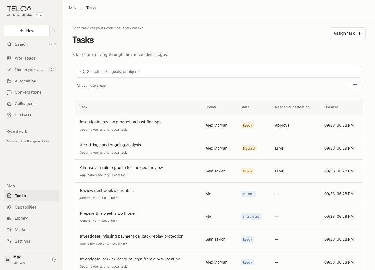 Task directory with the assign-task entry, owners, statuses, and attention column